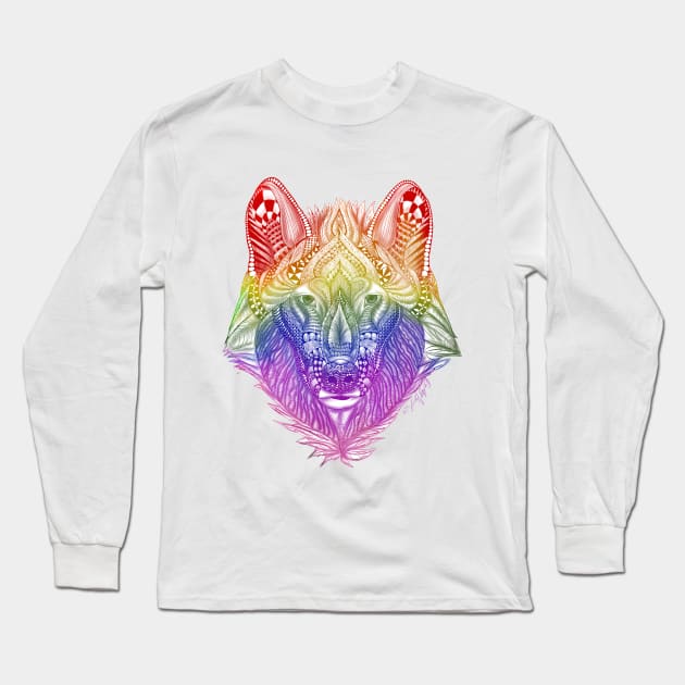 Rainbow Zentangle Wolf Long Sleeve T-Shirt by BHDigitalArt